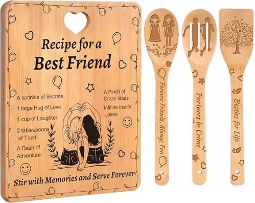 Best Friend Birthday Gifts for Women: Bamboo Cutting Board Set & Engraved Kitchen Utensils with Friendship Recipe Design - Unique Housewarming Gift for Bestie, BFF, Soul Sister