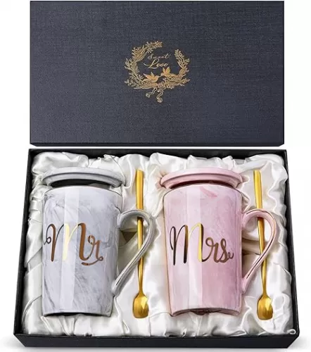 Biching Wedding Gifts for Couples 2025, Couple Gift for Anniversary - 14oz Ceramic Marble Mr and Mrs Mugs Set, Present for Bridal Shower Engagement Bride and Groom, with Greeting Card, Luxury Gift Box