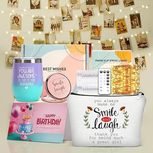 Birthday Gifts for Girls Trendy Stuff, Teen Girl Gift for Best Friends, Photo Lights/Tumbler/Makeup bag/Rose Gold Mirror, Birthday Gifts for 12-16 Years Old Girl