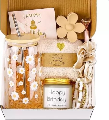 Birthday Gifts for Teen, Cute Inspirational Gift Daisy Presents Set Ideas for Sister Daughter Friends, Happy Birthday Gift Basket with Ice Glass Cup for Her (Beige)
