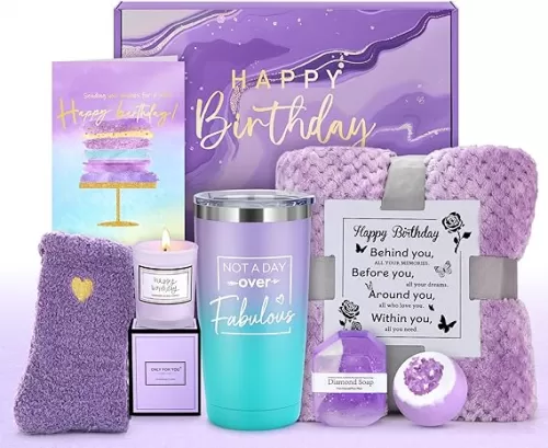 Birthday Gifts for Women - Unique Purple Gift Baskets and Sets for Mom, Sister, Best Friend, Her - Happy Birthday Box
