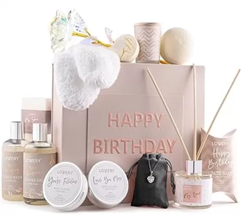 Birthday Gifts for Women, Birthday Spa Gift Basket for Women, Luxury Birthday Spa Gift Box with Vit E, Rich Bath Essentials, Diffuser, Candle, Sterling Silver CZ Heart Necklace, 24k Flower Rose & More