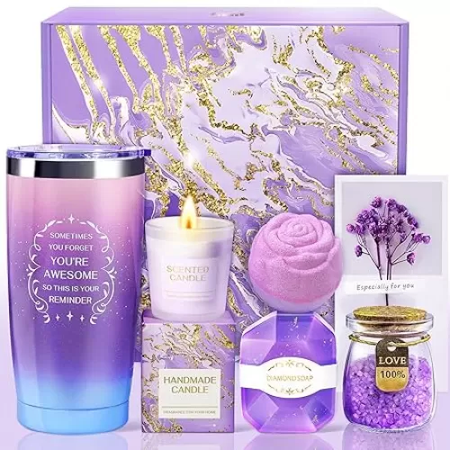 Birthday Gifts for Women, Gift Basket for Mom, Thank You Gifts for Wife, Girlfriend, Sister, Gift Set Idea for Her Who Has Everything Christmas -Lavender Purple Gift Basket with 20 OzTumbler