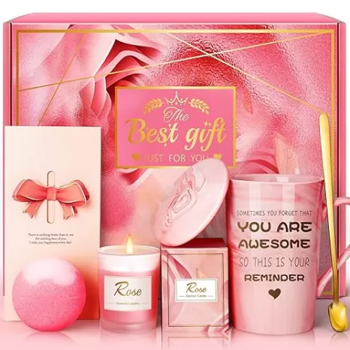 Birthday Gifts for Women, Mom, Sister, Friend: Unique Pink Self Care Spa Relaxation Baskets Set, Christmas, Holiday, Valentines Day Presents for Her, Girlfriend, Grandma, Wife, Bestie, Coworkers