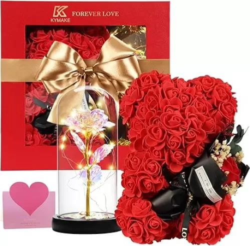 Birthday Gifts for Women: Mom, Wife, Girlfriend, Rose Bear & Beauty and The Beast-Inspired Rainbow Light-Up Roses Gift Set – Perfect for Valentine’s, Mother’s Day, Christmas, and Anniversary