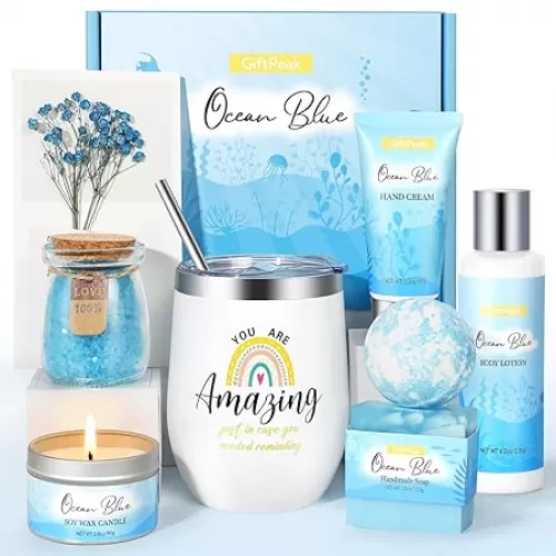 Birthday Gifts for Women, Ocean Scented Relaxing Spa Gift Baskets for Women Mom Her Wife Sister Friends Coworker Employee, Self Care Bath and Body Gift Set for Mother