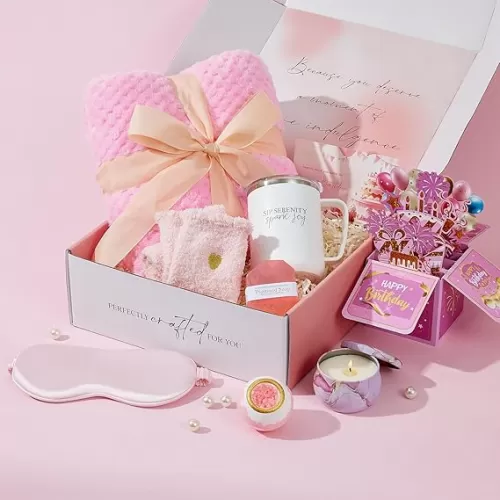 Birthday Gifts For Women Rose Relaxing Spa Gifts Basket 21st 40th 50th Happy Birthday Box for Mom Her Wife Best Friend Sister Grandma Daughter Bestie Aunt Pop Up Card Flannel Blanket Thinking of You