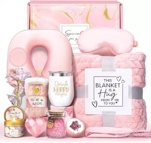Birthday Gifts for Women Self Care Gifts Get Well Soon Gifts, Rose Relaxing Spa Gifts Basket Care Package w/ Luxury Flannel Blanket, Unique Mothers Day Gifts for Mom Her Friend Sister Wife Grandma