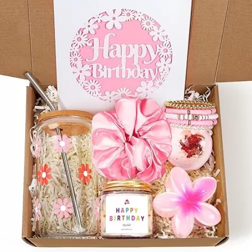Birthday Gifts for Women, Teen Girl Gifts, Birthday Gift for Her, Happy Bday Gift Box for Girl, Women, Sister, Daughter, Best Friend, Friendship, Cute Daisy Glass Cup Set 7PCS, 16oz, Pink