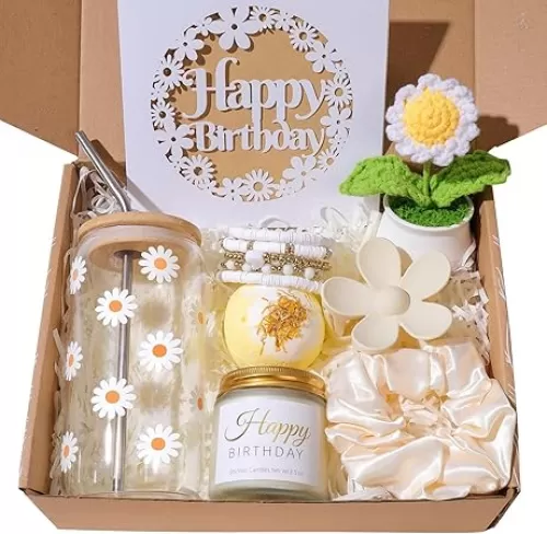 Birthday Gifts For Women, Teen Girl, Her, Happy Birthday Gift Box For Girl, Daughter, Women, Sister, Friends, Cute Daisy Aesthetic Glass Cups Gift Set 8pcs
