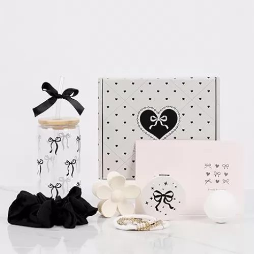Birthday Gifts for Women Teen Girls, Coquette Black Bow Happy Birthday 7-in-1 Gift Box for Girl, Women, Sister, Daughter, Friends, Cute Daisy Black Bow Glass Cups Gift Set