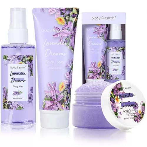 BODY & EARTH Body Mist Gift Set - Spa Gifts for Women, Perfume, Body Lotion, and Body Scrub in a Lavender Dreams Box- Perfect Birthday Gifts for Moms, and Special Occasions, Unique Gift Ideas for Her