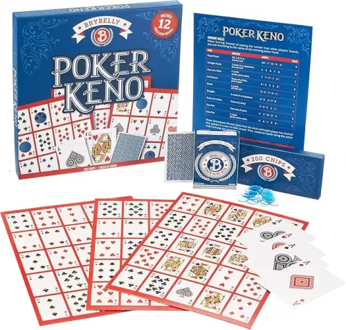 Brybelly Poker Keno Game Set with Cards and Chips - Adult Family Casino Board Game Night Gift Includes Deck of Playing Cards, 12 Boards, 200 Bingo Chips
