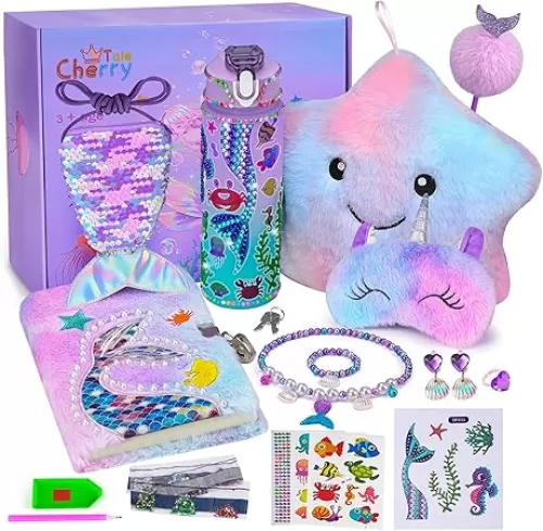 Cherry Tale Mermaid Gifts for Girls Age 4 5 6 7 8 9 10, Girls Mermaid Birthday Gifts Set with Light Up Star Pillow Diary Plush DIY Water Bottle Kits Toys
