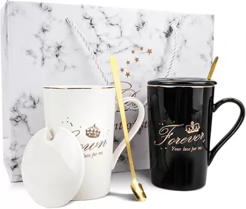 Coffee Mugs Set, Wedding Gifts for Bride and Groom, 400ml/14oz Black and White Couple Mugs with Gift Box Lid Spoon, Anniversary Present, Perfect Engagement Bridal Shower Gift