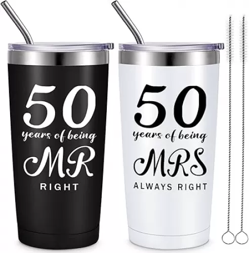 Cunhill 2 Pcs Mr. Right Mrs. Always Right Travel Tumbler Set 20 oz Wedding Engagement Anniversary Travel Mug for Husband Wife Newlywed Couples Bride Groom Anniversary(50th Tumbler)