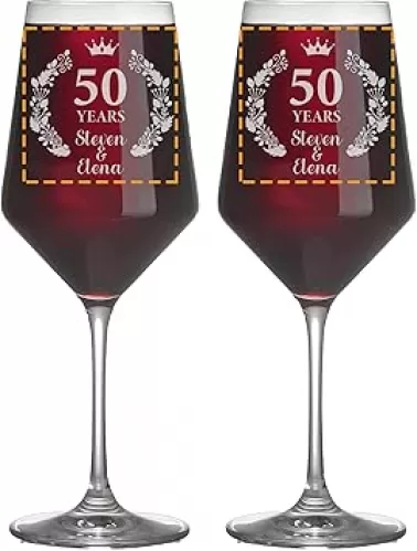 Custom Wine Glass Set of 2, Personalized Happy Anniversary Wine Glasses, Engraved Wedding Keepsake for Couple, Etched 40th/50th/60th Wedding Gift for Soulmate (Anniversary, 18oz Crystal)