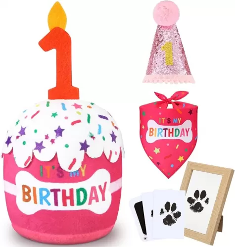 Dog 1st Birthday Gifts Set, Dog Boy Girl Birthday Decorations, Pink Hat Bandana Squeaky Cake Toy Paw Print Kit for Small, Medium, Large Pets