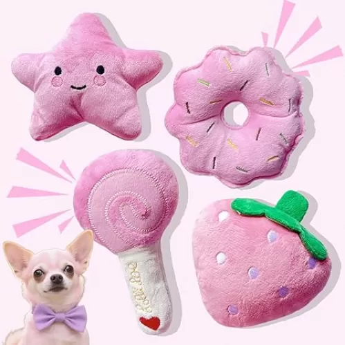 Dog Toys, Squeaky Dog Toy for Small Dogs- Pink Cute Puppy Toys, 4 Packs Pet Chew Toys for Teething, Interactive Dog Toys for Puppies, Doggie Birthday Gifts