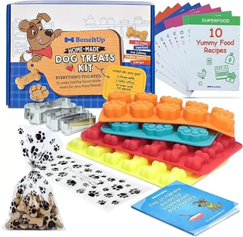 Dog Treat Making Kit – All-in-One DIY Cookie Set with Reusable 4 Silicone Dog Treat Molds, 3 Cutters, 10 Recipes & Gift Bags – Make Healthy Homemade Treats for Dogs