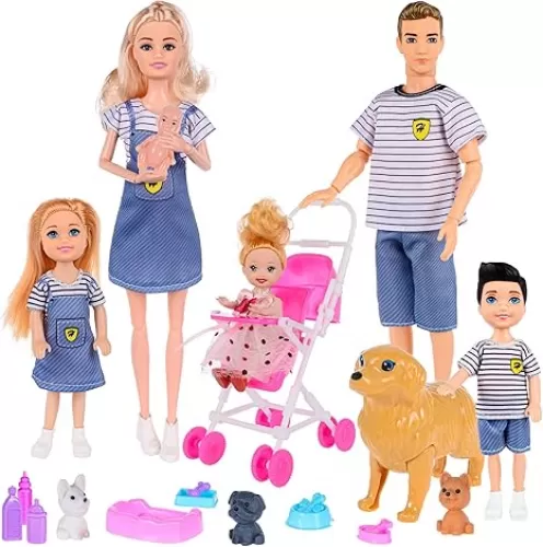 Dolls Family Playset with Baby Stroller Set- 6 People, Pets & Accessories for 3-12 Years Old | Toddler Gift with Pregnant Mom, Dad, 3 Kids, Dogs, and Interactive Play