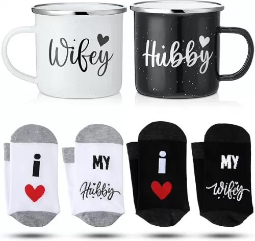 Domensi 4 Pack Hubby and Wifey Gifts Wifey and Hubby Enamel Couples Coffee Mugs Couples Socks for Bride Engagement Groom Wedding Gifts