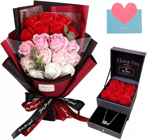 EIGHTOWN Roses Bouquet Artificial Flower - Preserved Red Rose Flowers with Love Necklace for Her - Unique Gifts Valentine