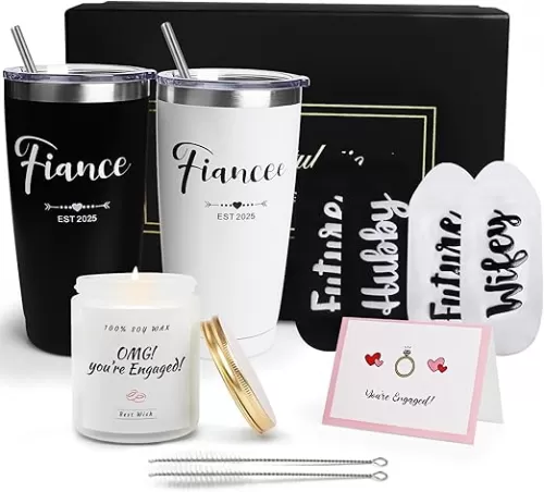 Engagement Gifts for Couples, Cool Wine Engaged Tumbler Gift Set Newly Presents for Women his and her him Fiance Fiancee Friend, Girlfriend Boyfriend Ideas with Straws, Socks, Candle & Greeting Card