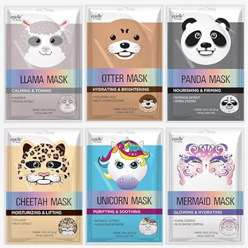 Epielle Animal Character Sheet Masks 6 Pack, Moisturizing & Hydrating Face Mask with Hyaluronic Acid & Botanical Extract, Korean Skin Care, Girls Spa Party Favors, Sleepover, Self Care Gifts for Women