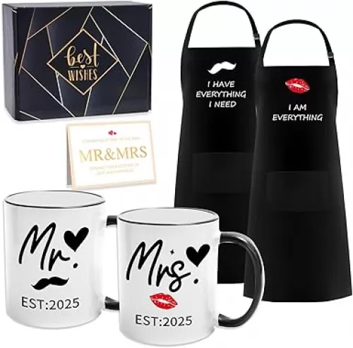 EST 2025 Mr and Mrs Gifts Valentine Wedding Gifts for Couples 2025 Ceramic Cups and Aprons Engagement Party Gift for Couples