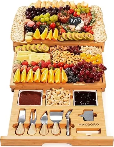 Extra Large 33.7x15.7 inch Charcuterie Boards Gift Set, 100% Bamboo Cheese Board and Knife Set, Cool Meat Cheese Platter Tray, House Warming Gifts New Home, Ideas for Women Mom