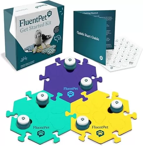 FluentPet Basic Get Started Kit - Set of 6 Basic Buttons with Batteries Included for Dogs & Cats and 3 HexTiles - Customizable Cat & Dog Training Buttons for Communication - Talking Button Gift Set
