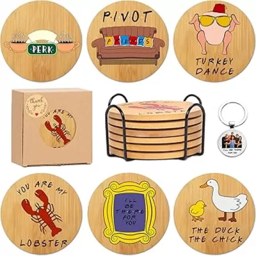 Friends Merchandise Coasters for Drink, TV Show Merch Gifts for Fans, Housewarming Presents for Friends, Kitchen Decor Wooden Set with Holder, 6 Piece