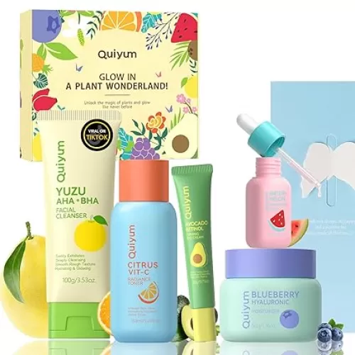 Fruit Skin Care Set, 5 Daily Routine Beauty Skin Care for Teens 10-12 - Gift Sets with Cleanser, Vit-C Toner, Eye Cream, Cream, Serum, Facial Care Set for Women, Mothers, Girls, Travel Sets