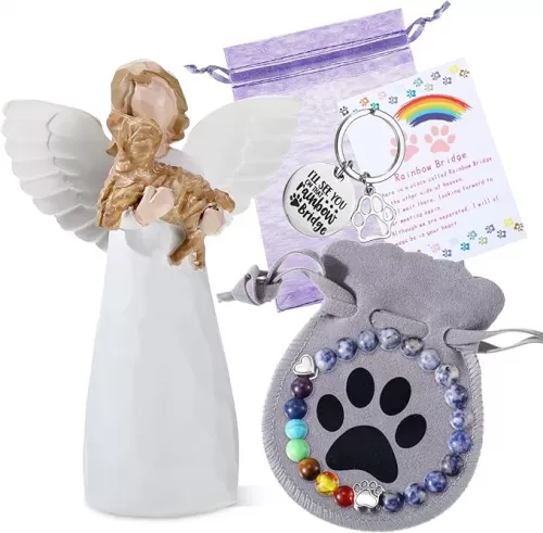 Fumete 6 Pieces Angel of Friendship Dog Memorial Gifts Set Angels Figurines Dog Remembrance Gift Pet Dog Loss Keychain Poem Card Flannel Bags Organza Bag 8 mm Rainbow Bracelet for Pet Lovers