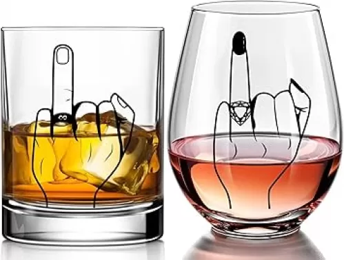 Funny Engagement Gift for Couples – Ring Finger Wine and Whiskey Glass Set – Cool Bridal Shower/Wedding/Bachelorette Gift for Bride and Groom, Newlyweds, Bridal Shower, Just Married, Mr and Mrs