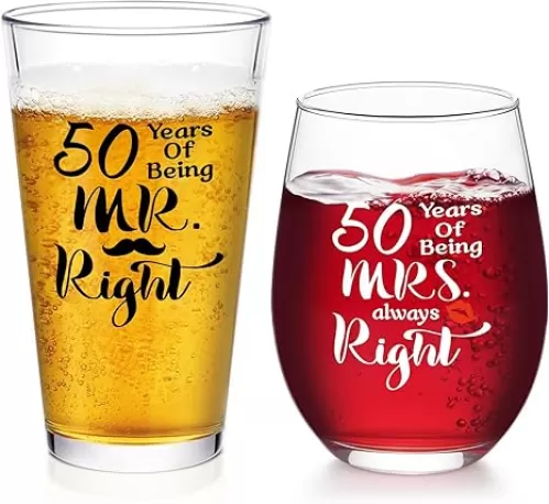 Futtumy 50th Anniversary Glass Gifts Set, 50 Years of Being Mr Right & Mrs Always Right 17oz Wine 15oz Beer Glass, 50th Wedding Anniversary for Wife Husband Couple Parents Grandparents Friends