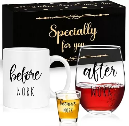 Futtumy Before Work After Work Gift Set 11oz Coffee Mug 17oz Stemless Wine Glass 2oz Shot Glass Set for Boss Coworker Manger Leader Employee, Office Gifts Bosses Day Gifts Christmas Gift for Women