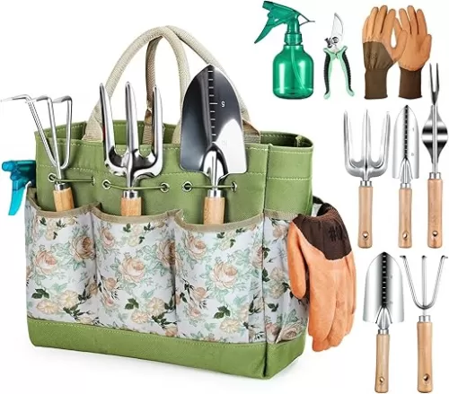 Gardening Tools 9-Piece Heavy Duty Gardening Hand Tools with Fashion and Durable Garden Tools Organizer Handbag, Rust-Proof Garden Tool Set, Ideal Gardening Gifts for Women