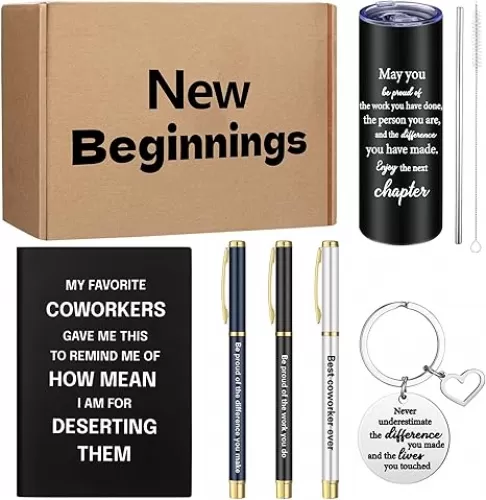 Geiserailie 7 Pcs Farewell Gift for Coworkers Set Coworker Leaving Gifts Include 20 oz Tumbler Notebook 3 Pens and Keychains Goodbye Basket for Coworker Women Manager Boss Teacher Employee(Black)
