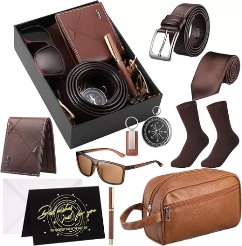 Geyoga 12 Pcs Men Birthdays Gift Set with Box for Men Dad Basket PU Leather Wallet Leather Toiletry Bag Tie Socks Belt Keychain Sunglasses Pen Compass Set for Father
