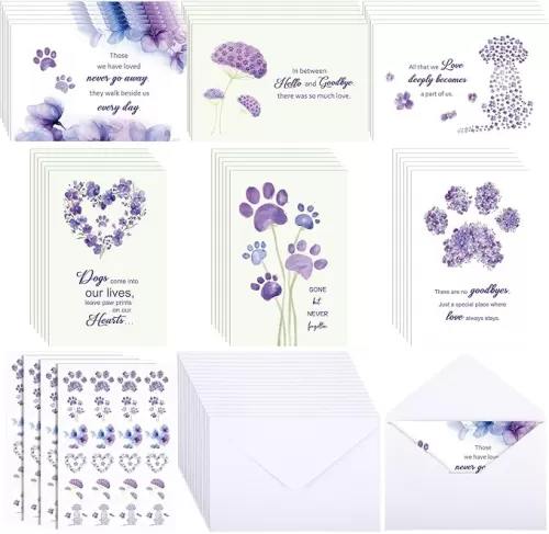 Geyoga 36 Sets Pet Sympathy Cards for Dogs Cats with Envelopes and Stickers, Loss of Dog Condolence Cards Bulk, Thoughtful Bereavement Sympathy Gifts for Loss of Beloved Pet (Melancholy Purple)