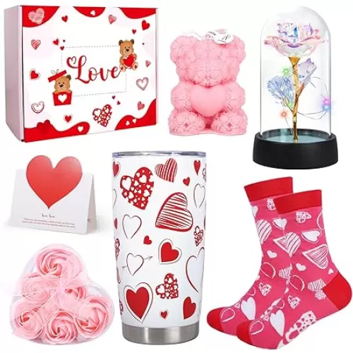 Gifts for Her, Girlfriend, Wife, I Love You Gifts, 8 PCS Romantic Gifts Set for Her, Valentines Day Gift Baskets W/ 20oz Tumbler with Lid Straw Socks Rose Flower Bear Candle Gift Card
