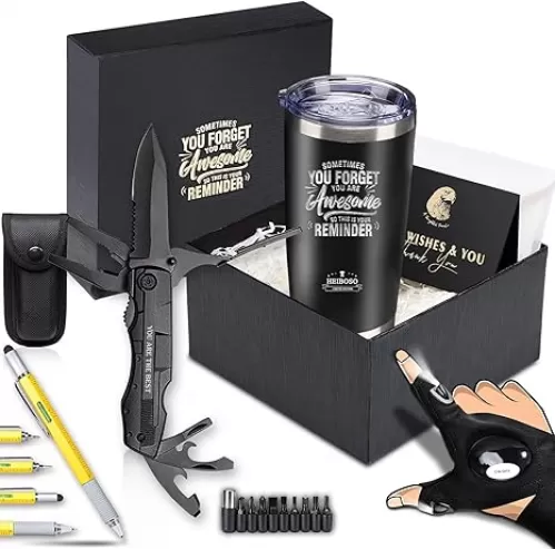 Gifts for Men - 6-in-1 Gift Set with Stainless Steel Tumbler, Multi-Tool Knife, LED Gloves & Tool Pen Keepsake Box | Last Minute Birthday, Father