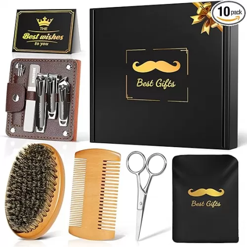 Gifts for Men Husband Boyfriend Him, Beard Brush Beard Comb for Men, Mens Self Care Anniversary Birthday Christmas Stocking Stuffers Gifts, Grooming kit Travel Set with Scissors, Nail Clipper