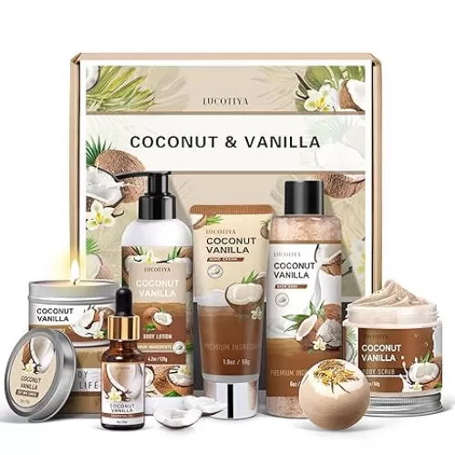 Gifts for Women, Birthday Gifts for Women, Bath and Body Gifts Set, Vanilla Coconut Spa Gift for Self Care, Thank you Relaxing Bath Sets for Mom, Grandma, Girlfriend, Sister, Friends