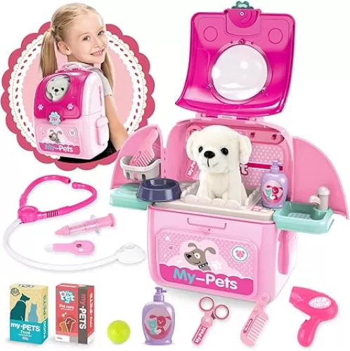 Girl Toys Gifts for 2 3 4 5 6 Years Old, Toddler Girl Toys, Pet Care Pretend Doctor Set Toys for Kids, Doctor kit for Toddlers 1-3 3-5, Kids Doctors Play Set with Plush Puppy Toy&Storage Backpack