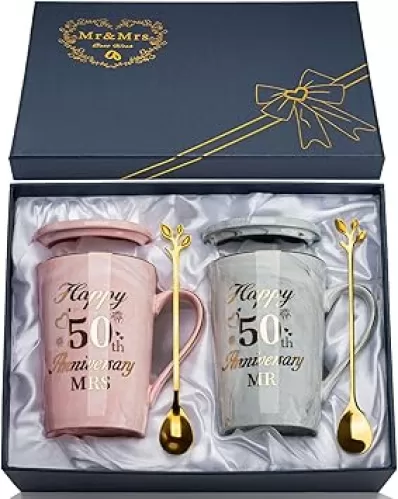 Golden Anniversary Wedding Gift, 2PCS Happy 50th Wedding Anniversary Mr and Mrs Gift Marble Ceramic Cups Set 14oz, 50 Years of Marriage, Golden Weddin-g for Couple, Parents, Grandparents, with Giftbox
