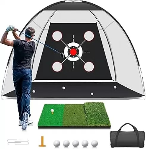 Golf Net with Practice Mat, Golf Hitting Aid Nets 10x7FT for Backyard Driving Chipping Training Swing with Target Mat Balls for Outdoor Indoor，Gifts for Men Dad Him and Golfer