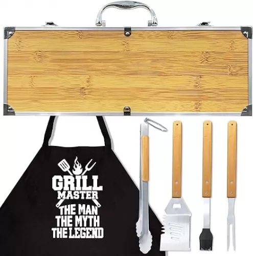 Grilling Accessories Anniversary Birthday Gifts for Dad/Husband, Heavy Duty Wooden BBQ Kit with Apron for Backyard, Thick Stainless Steel Grill Utensils with Non-Slip Handle Tools in Portable Bag